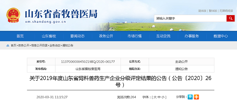 青島康地恩連續(xù)兩年榮獲山東省獸藥生產(chǎn)企業(yè)A級評定